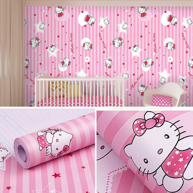 Giấy dán tường Hello Kitty sọc hồng khổ rộng 45cm có keo sẵn, Decal giấy dán tường màu hồng dễ thương - Lala Mart