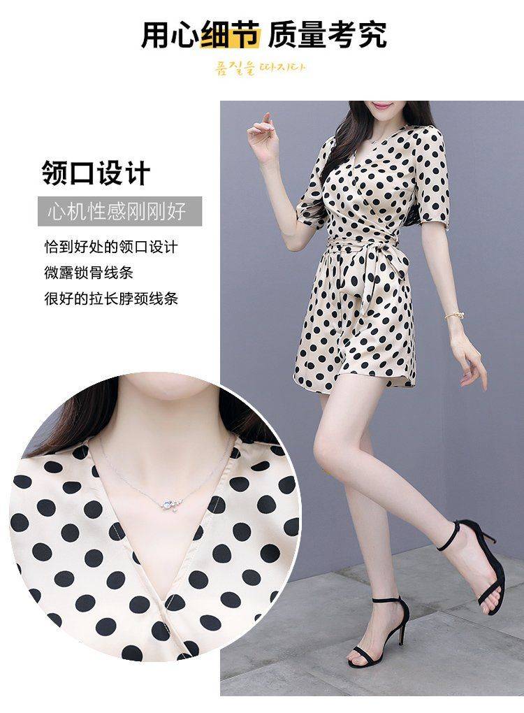 Jumpsuit Ống Rộng Lưng Cao Họa Tiết Chấm Bi Xinh Xắn Thời Trang