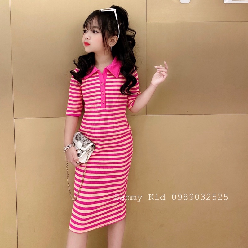 Váy Đầm Body kẻ tay lỡ cổ bẻ cho bé gái size đại 17-42kg sang chảnh nữ tính