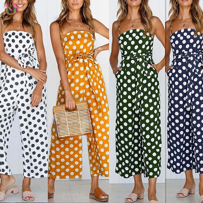 Jumpsuit Hai Dây Ống Rộng Họa Tiết Chấm Bi Thời Trang Đi Biển Cho Nữ