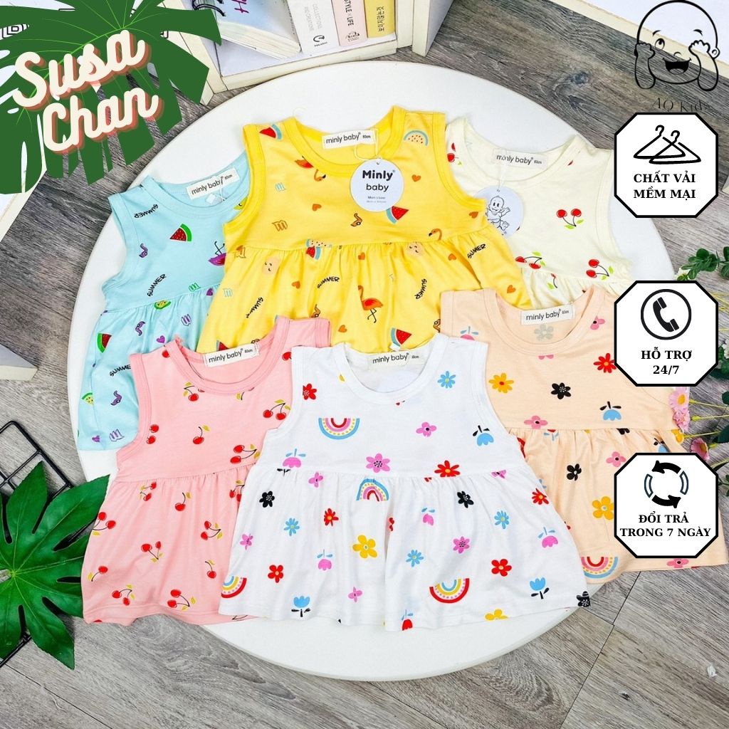 Bộ ba lỗ thun lạnh phối bèo Minly Baby cho bé gái hình cherry, hoa cỏ, trái cây siêu xinh, siêu mát mùa hè size 7-18kg