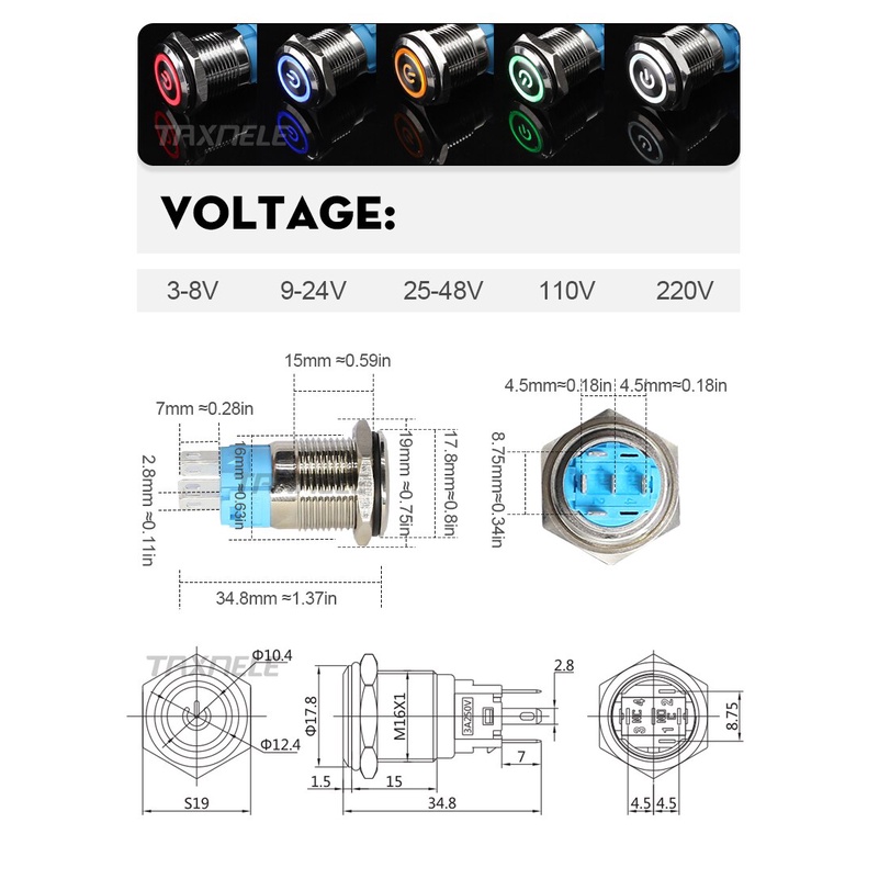 Công Tắc Nhấn Kim Loại 16Mm 9-24V 12V 110V 220V Có Đèn LED Tín Hiệu