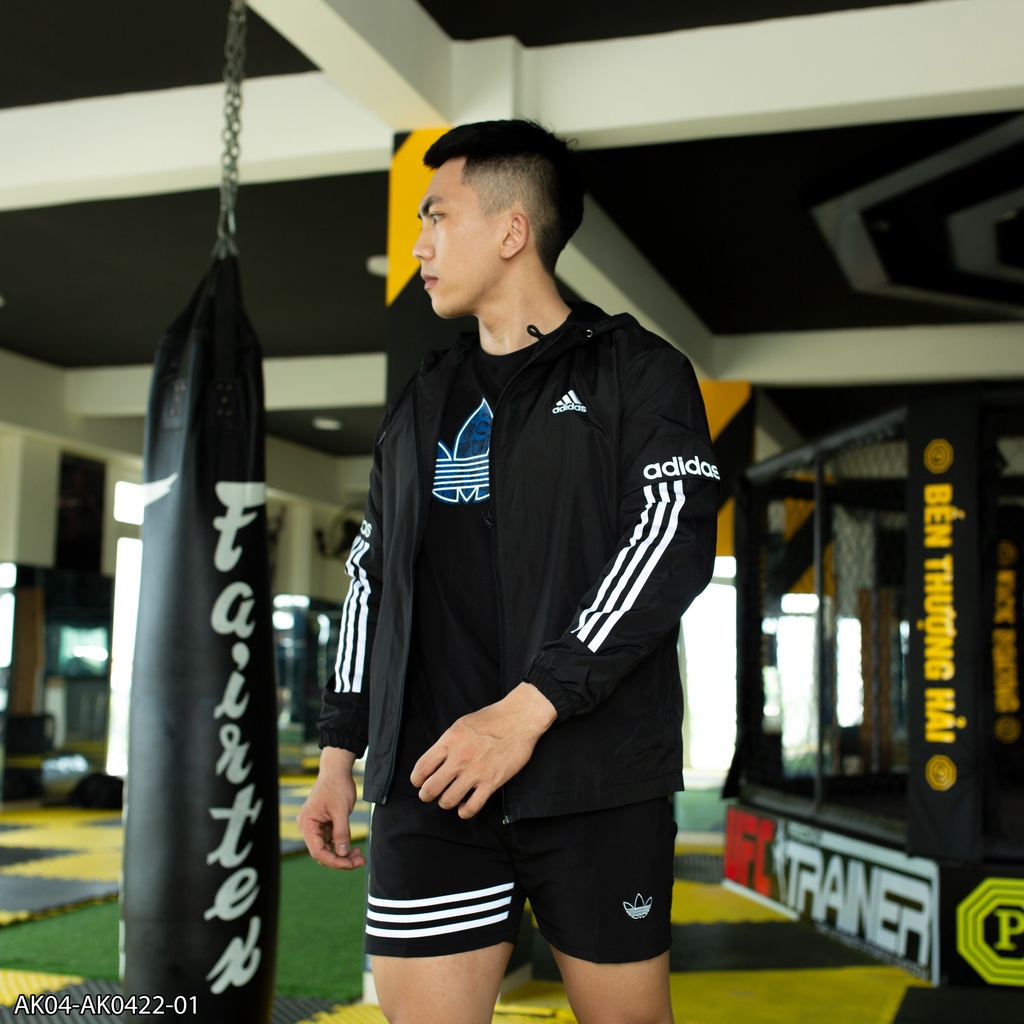 Áo khoác có mũ Adidas vải gió 2 lớp phối viền vai AK04 - áo khoác nam VNXK
