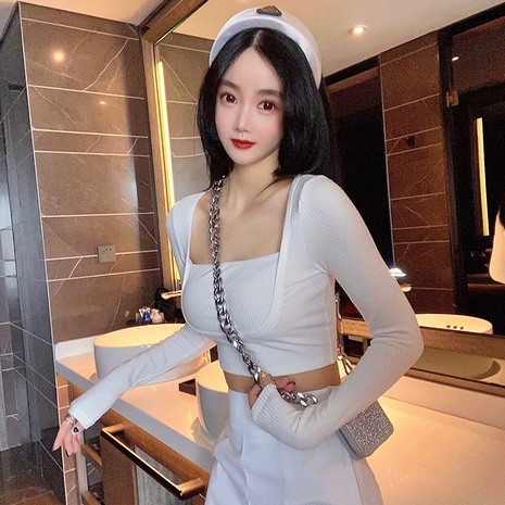 QADCOL Áo dệt kim tay dài cổ vuông giả hai lớp thời trang cho nữ