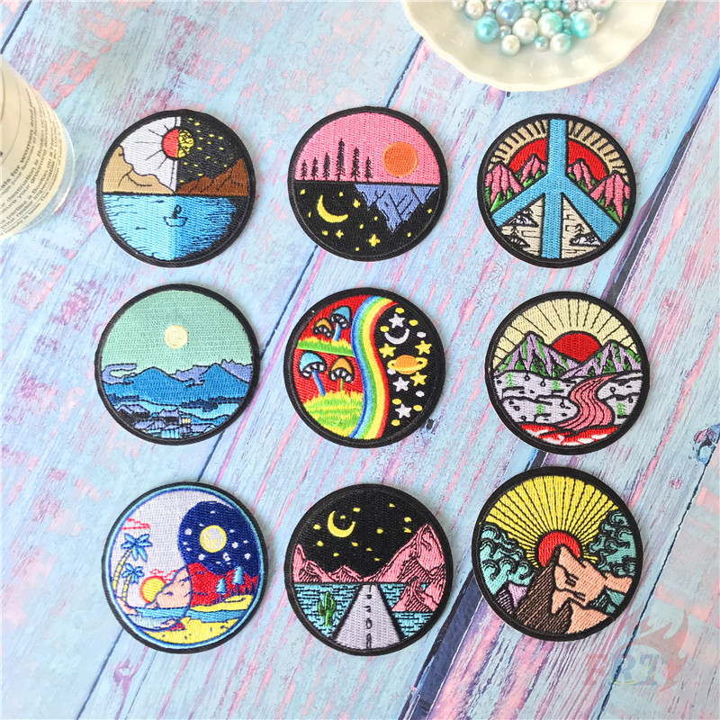 Miếng vá ủi thêu trang trí thủ công hình ảnh biển và núi ngoài trời bình minh và hoàng hôn 6CM