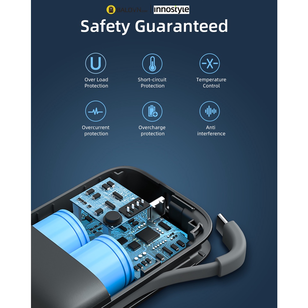 Pin Sạc Dự Phòng Innostyle Powergo Mini 10000 mAh 22.5W Tích Hợp Cáp USB-C IP22PDBLK