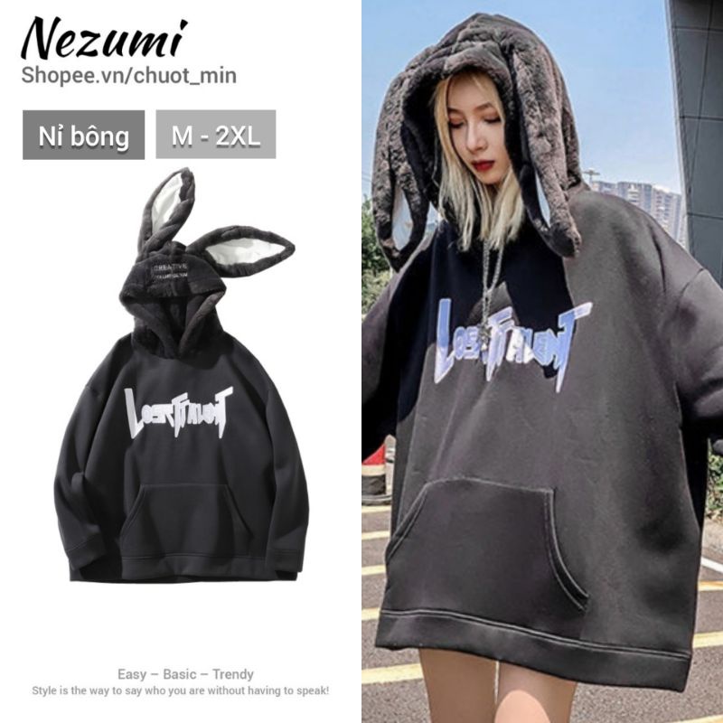Áo hoodie nỉ bông tai thỏ dài siêu to khổng lồ chữ ngực thêu mũ lông mềm mịn unisex nam nữ