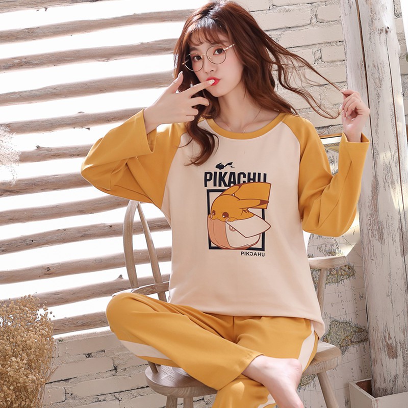 Bộ Đồ Ngủ Cotton Dáng Rộng In Hình Pikachu Đáng Yêu Cho Nữ