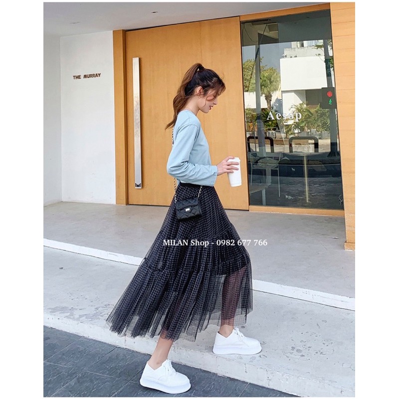 Chân váy midi kẻ caro bồng bềnh xinh yêu | BigBuy360 - bigbuy360.vn