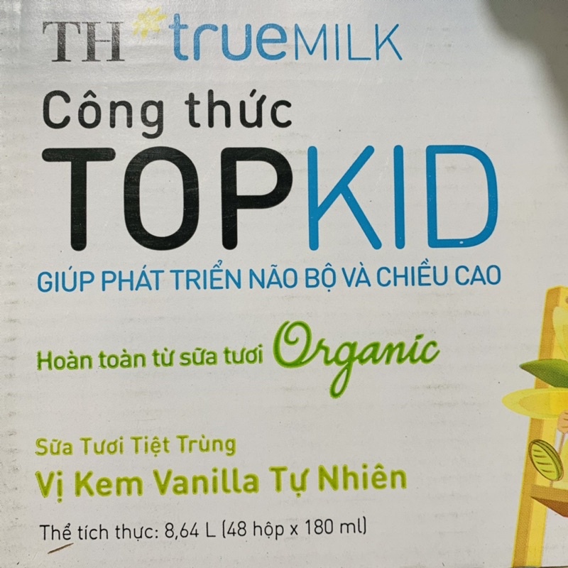 Thùng sữa TH True MILK TOPKID Organic Vanilla 48x180ml