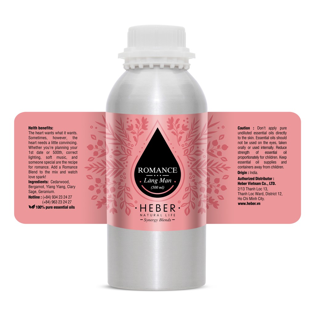 (Chai Lớn 500ml/1000ml)Tinh Dầu Lãng Mạn Romance Blend Heber Natural Life, Cao Cấp Nhập Khẩu, Thiên Nhiên Nguyên Chất