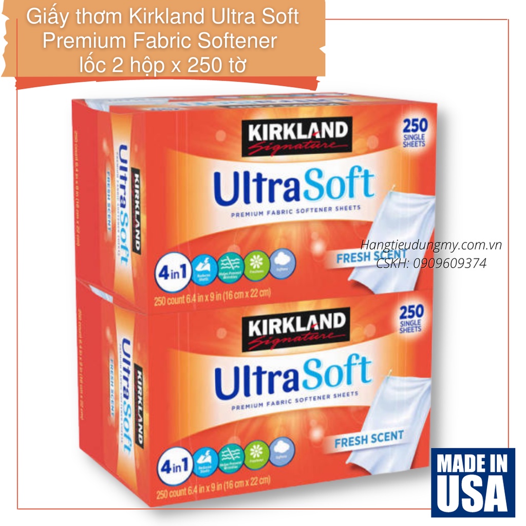 Giấy thơm quần áo Kirkland Ultra Soft Premium Fabric Softener hộp 250 tờ