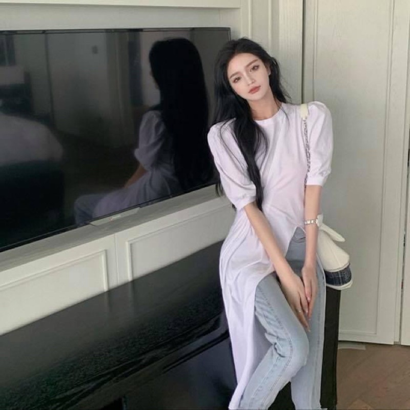 Áo thun form dài thiết kế cách điệu tay ngắn phồng suông xẻ tà trơn - Order taobao quảng châu