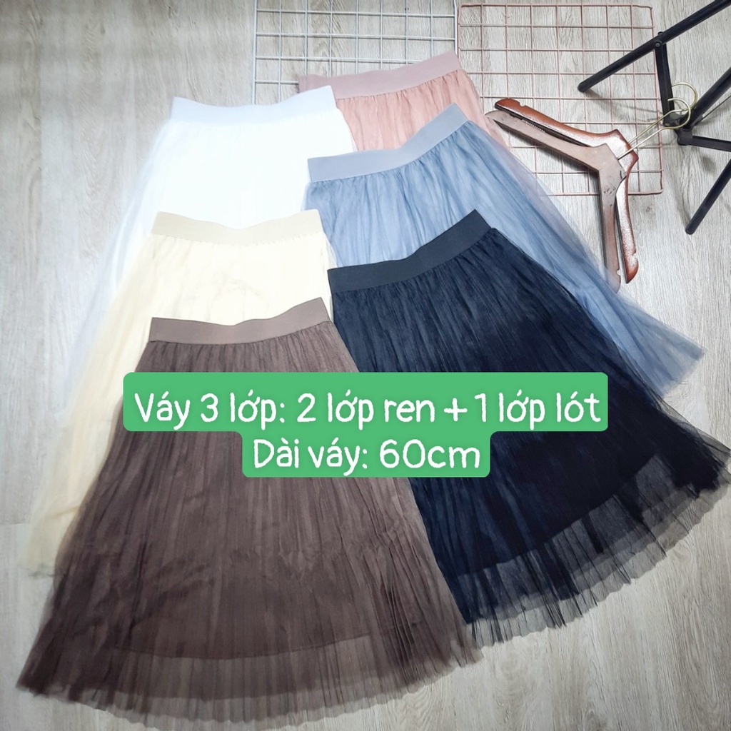 Chân váy ren xòe ngang gối chân váy công chúa dài 60cm CV60 6 màu đen trắng hồng ghi nâu be