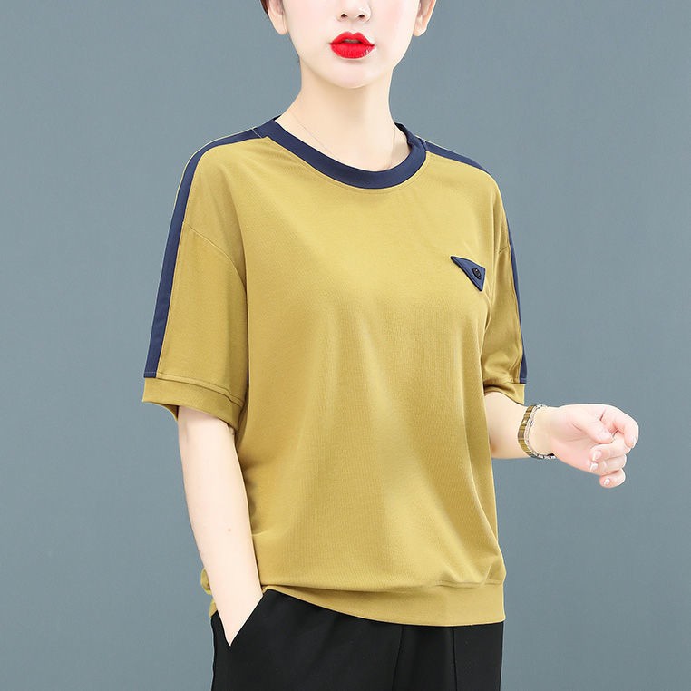 ■♞✚Áo thun trơn nữ ngắn tay váy mùa hè 2021 kiểu dáng rộng mới của Hàn Quốc thời trang bà mẹ trung niên blouse