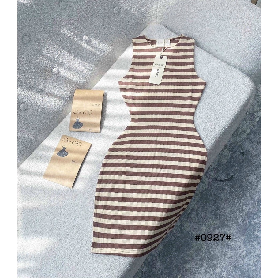 Đầm body dáng ngắn ba lỗ cổ tròn sọc ngang thun gân hot MS40