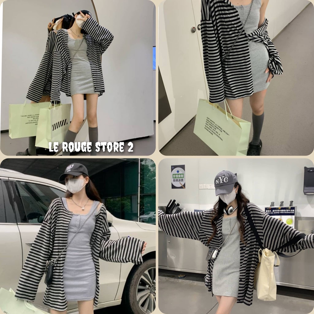 (ORDER) Set áo khoác thư kiểu sơ mi kẻ sọc ngang đen trắng + váy body hai dây cài khuy màu xám nhạt kiểu Hàn