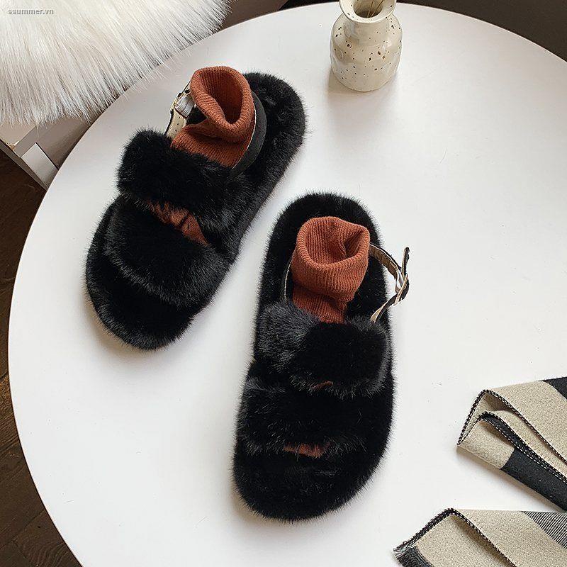 Giày Sandal Đế Bằng Phối Lông Thời Trang Mùa Hè Phong Cách Hàn Quốc Cho Nữ