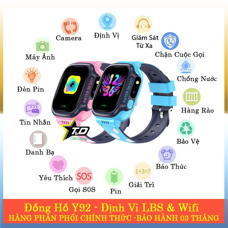 Đồng Hồ Định Vị Trẻ Em Thông Minh Y92 - Nghe Gọi 2 Chiều - Hỗ Trợ Tiếng Việt, Kháng Nước IP67, Định vị LPS