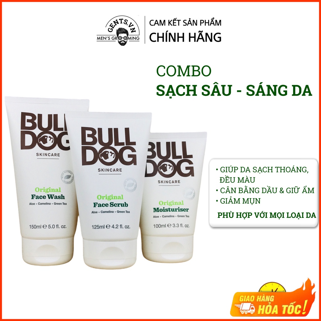 Combo sữa rửa mặt, tẩy tế bào chết và kem dưỡng ẩm da cho nam Bulldog Skincare Original Full Face Kit