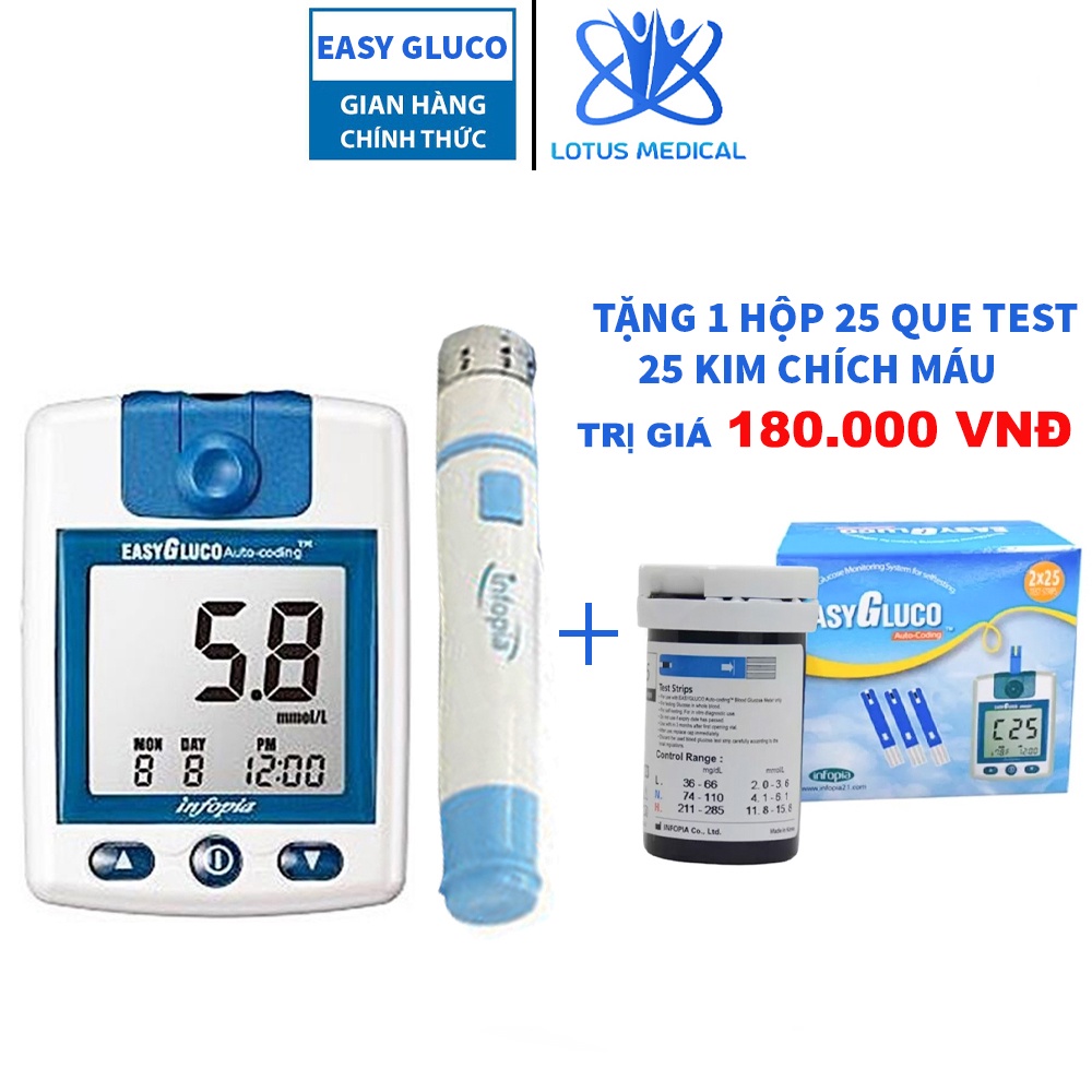 Máy đo đường huyết EASY GLUCO - Máy đo tiểu đường tặng kèm 25 que thử và 25 kim chích