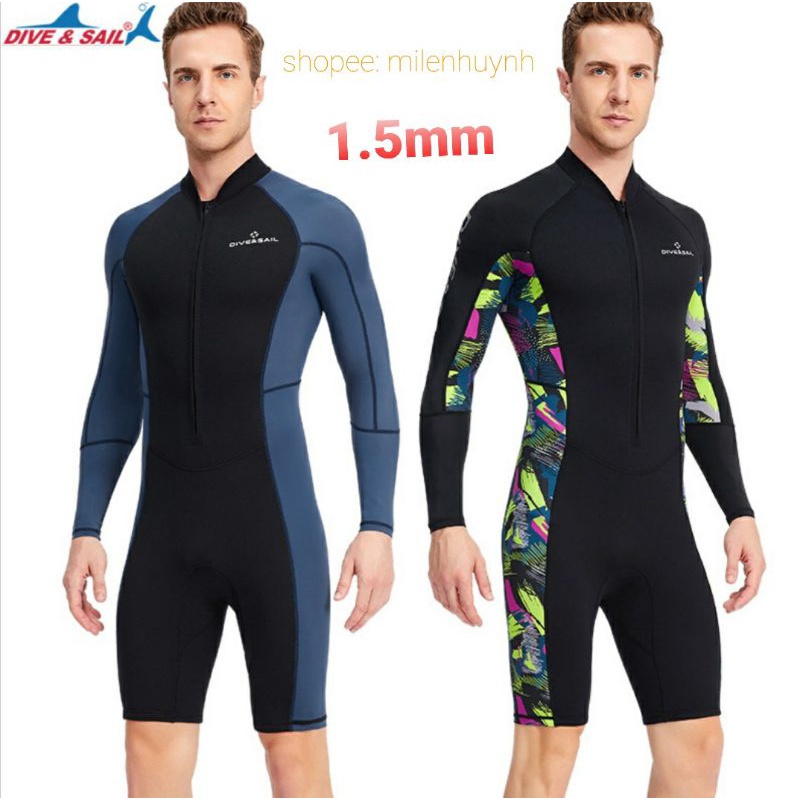 Đồ bơi giữ ấm cho nam dày 1.5mm hàng hiệu Dive &amp; Sail, phần tay dài bằng vải mặc rất thoải mái ấm áp