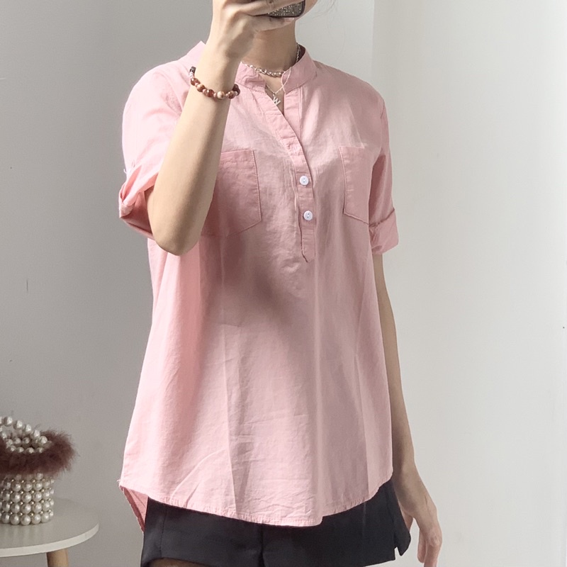 Áo sơ mi nữ cổ tàu form rộng tay lỡ kiểu Hàn nhiều màu trẻ trung phong cách