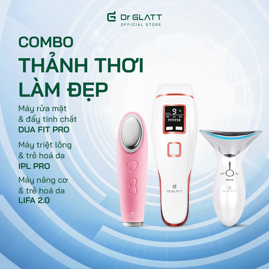 Set máy dưỡng da đa năng - máy triệt lông mini &amp; trị mụn, máy rửa mặt &amp; tẩy trang, máy massage mặt &amp; nâng cơ DR GLATT