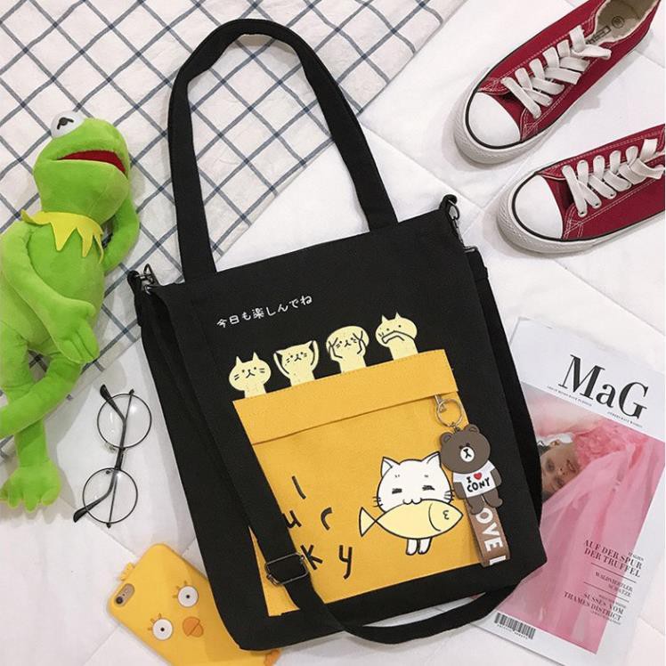 Túi Tote Vải Mèo Ăn Cá Đeo Vai Đựng Đồ Đeo chéo vải canvas TDC3