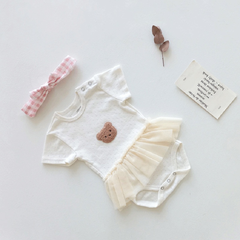 Bộ Áo Liền Quần Phối Chân Váy Lưới in Hình Gấu Dễ Thương Thời Trang Mùa Hè Cho Bé