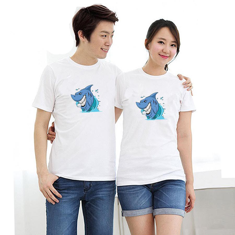 Áo thun cặp đôi in hình cá mập cười đểu form rộng phong cách hàn quốc