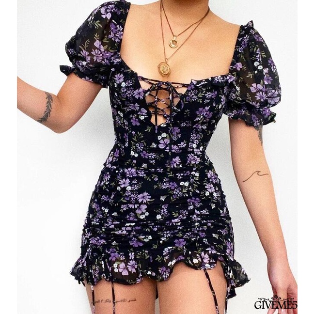 Đầm Tay Phồng Cổ Vuông In Họa Tiết Hoa Cổ Điển Thời Trang Mùa Hè Cho Nữ