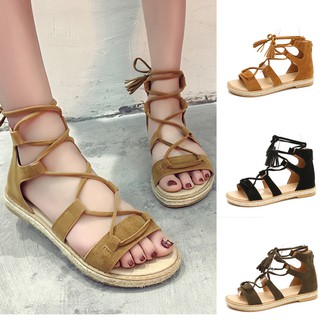 Giày sandal nữ hở ngón gót thắt dây tua rua phong cách cổ điển