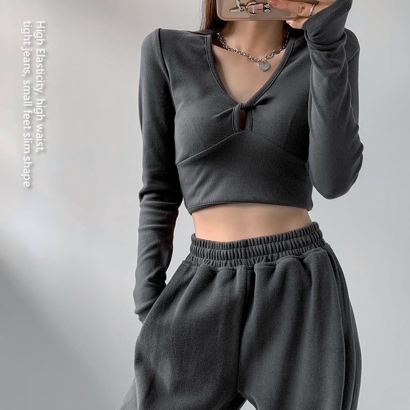 Áo Sơ Mi Ngắn Tay Dài Cổ Chữ V Eo Cao Màu Trơn Phong Cách Retro Dành Cho Nữ áo thun nữ dài tay