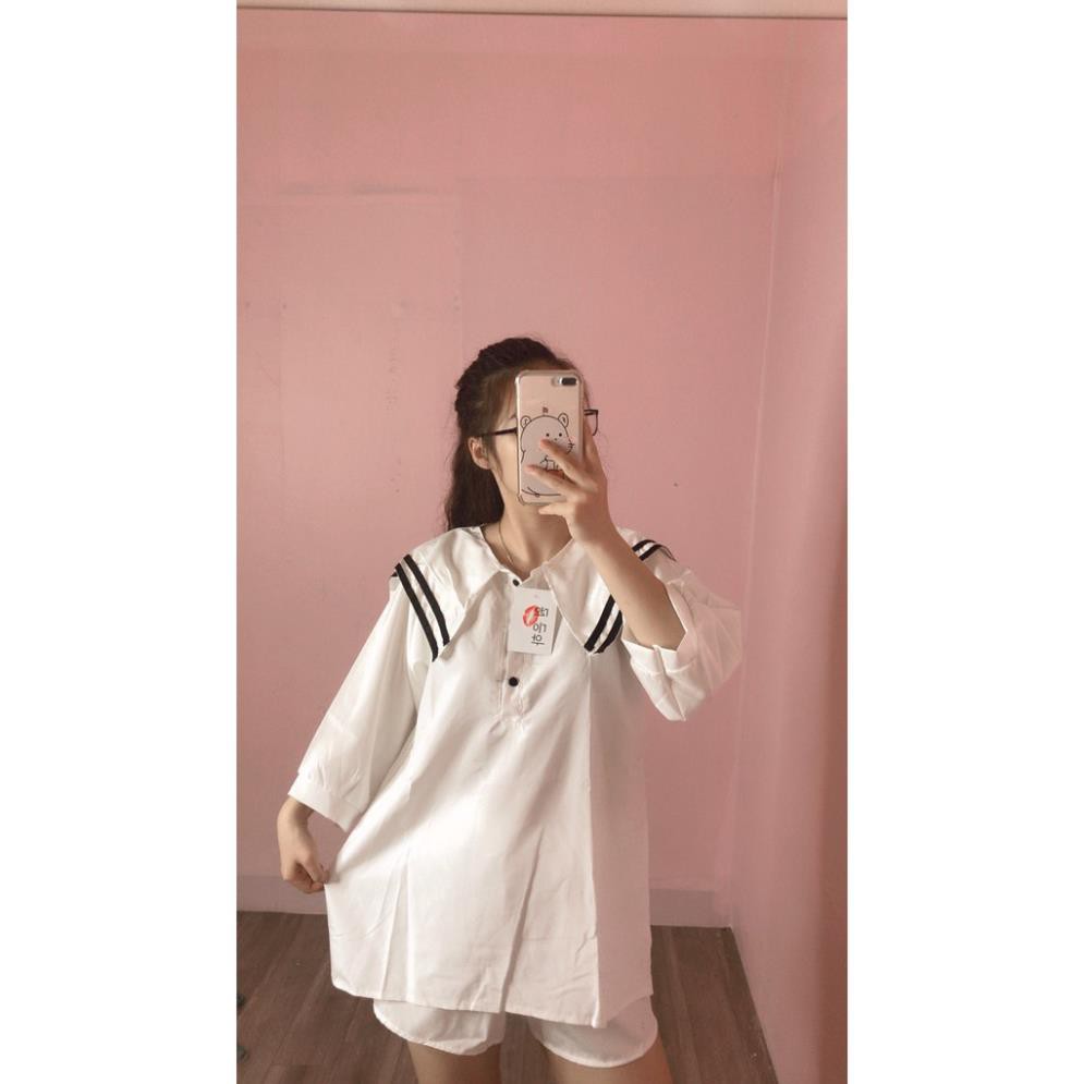 Áo sơ mi nữ form rộng tay lỡ cổ tròn basic phối kiểu thủy thủ màu trắng n7clothing * ྇