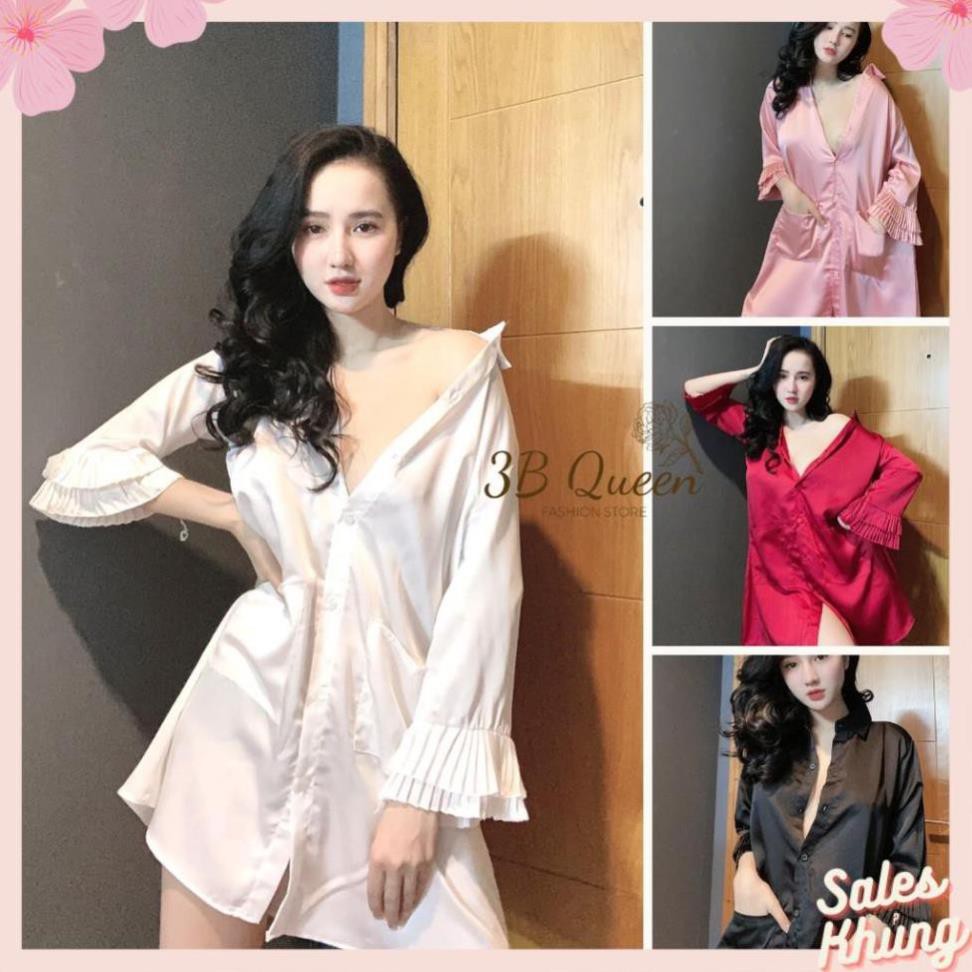 Đầm ngủ nữ🌺FreeShip🌺Váy ngủ sơmi siêu gợi cảm tay có phối dập ly, lụa SATIN cao cấp, đồ nữ freesize dưới 65kg