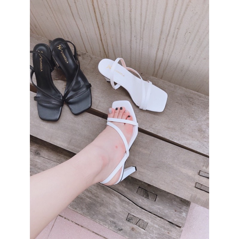 Sandal Nữ Cao Gót  &amp;  Quai Mảnh Chéo Mũi Vuông Gót Nhọn Cao 5cm Hàn Quốc Đẹp Giày Chính Hãng Cao Cấp