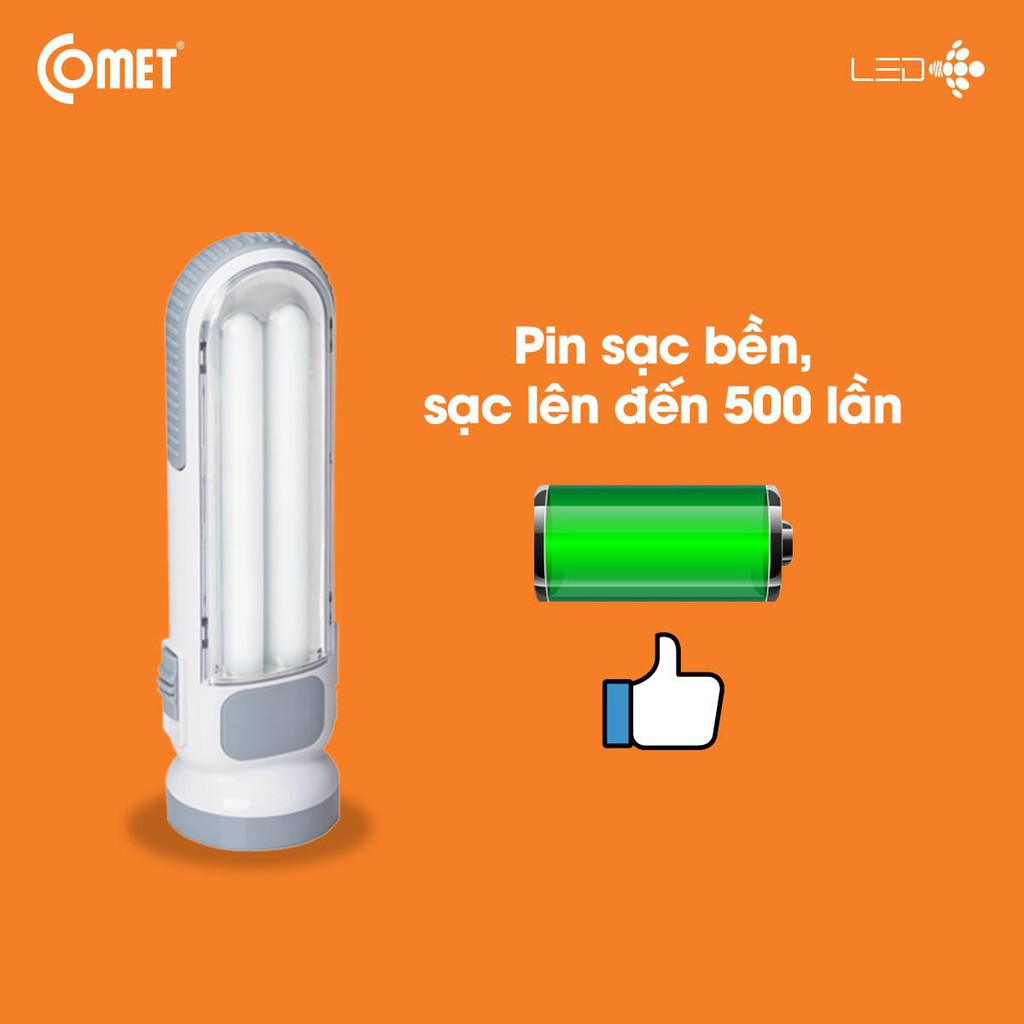 Đèn Pin Sạc Led Comet CRT454 6W kiêm đèn sạc, tay cầm liền thân (đẩy tay cầm lên khỏi thân khi sử dụng)