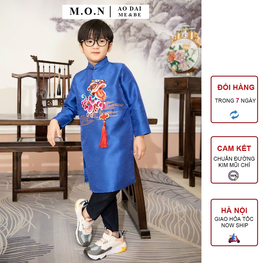 Áo Dài Bé Trai Thêu Lân Mon 3 Màu Đỏ - Vàng - Xanh Cho Bé Từ 8 đến 29kg