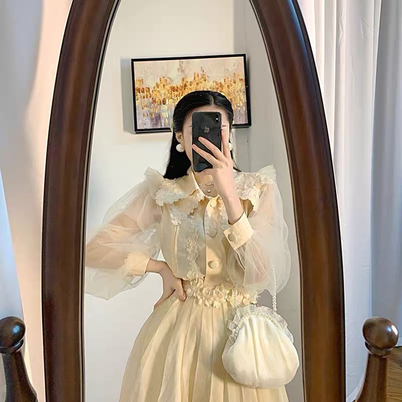 Set áo sơmi voan kiếng hoa văn + chân váy xoè dài