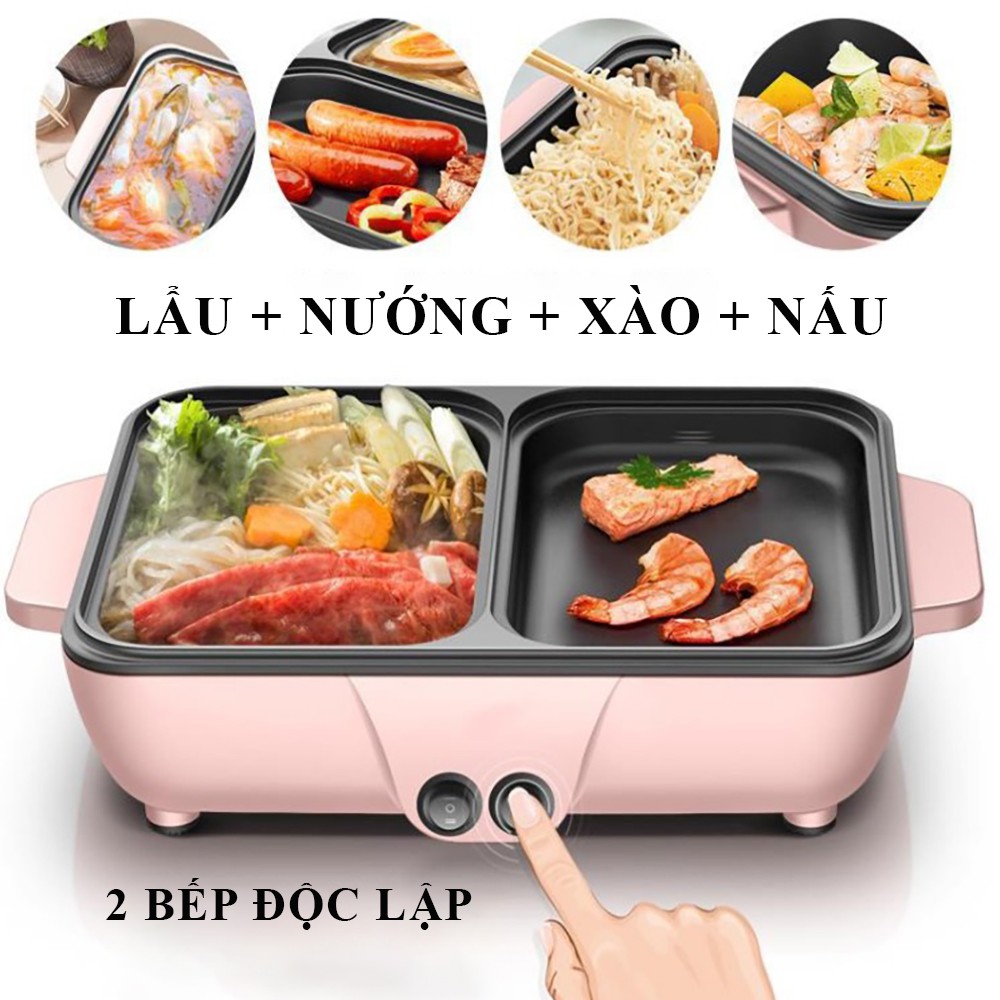 Nồi lẩu mini 2 ngăn đa năng cao cấp, 2 chế độ nướng và lẩu trong cùng 1 sản phẩm, chống dính, an toàn tiện lợi, bh 2 năm