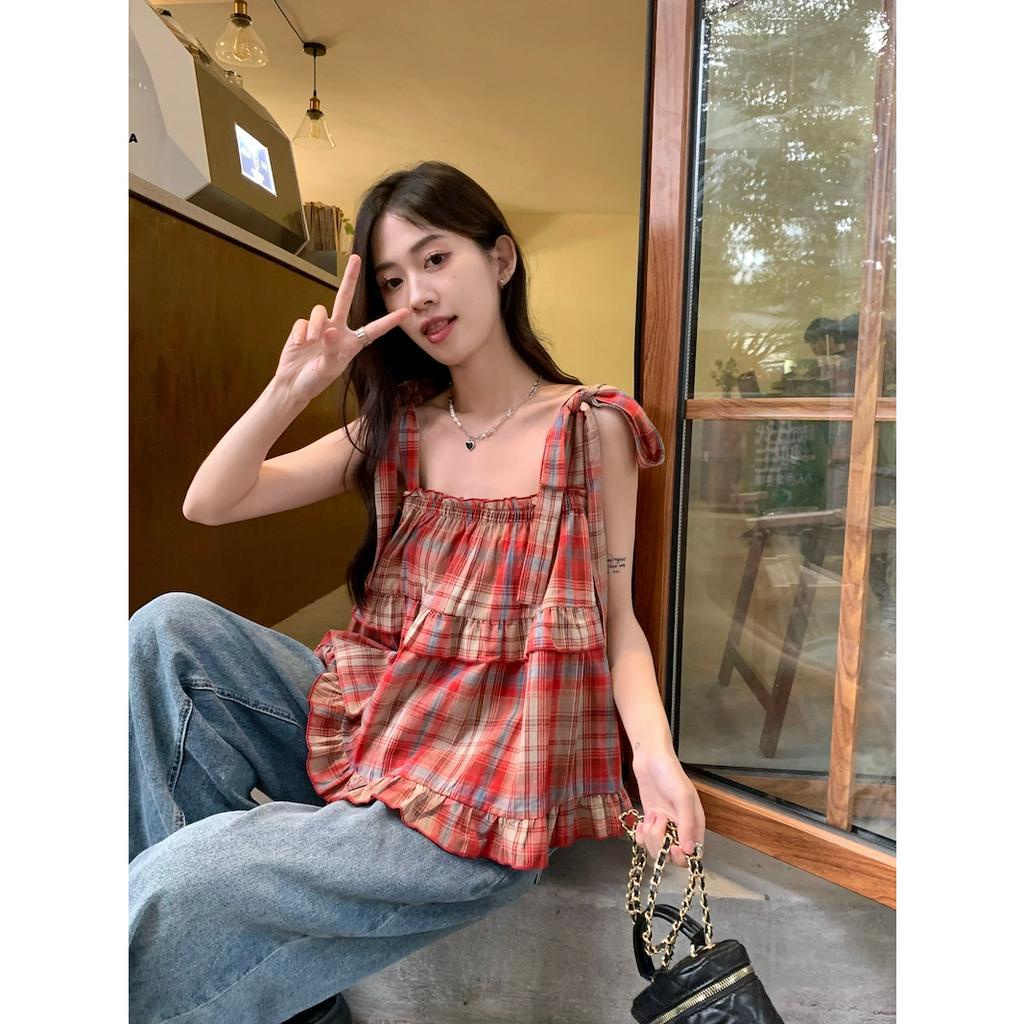 QADCOL Áo Hai Dây Dáng Rộng Họa Tiết Sọc Caro Phong Cách retro Thời Trang Mùa Hè Cho Nữ