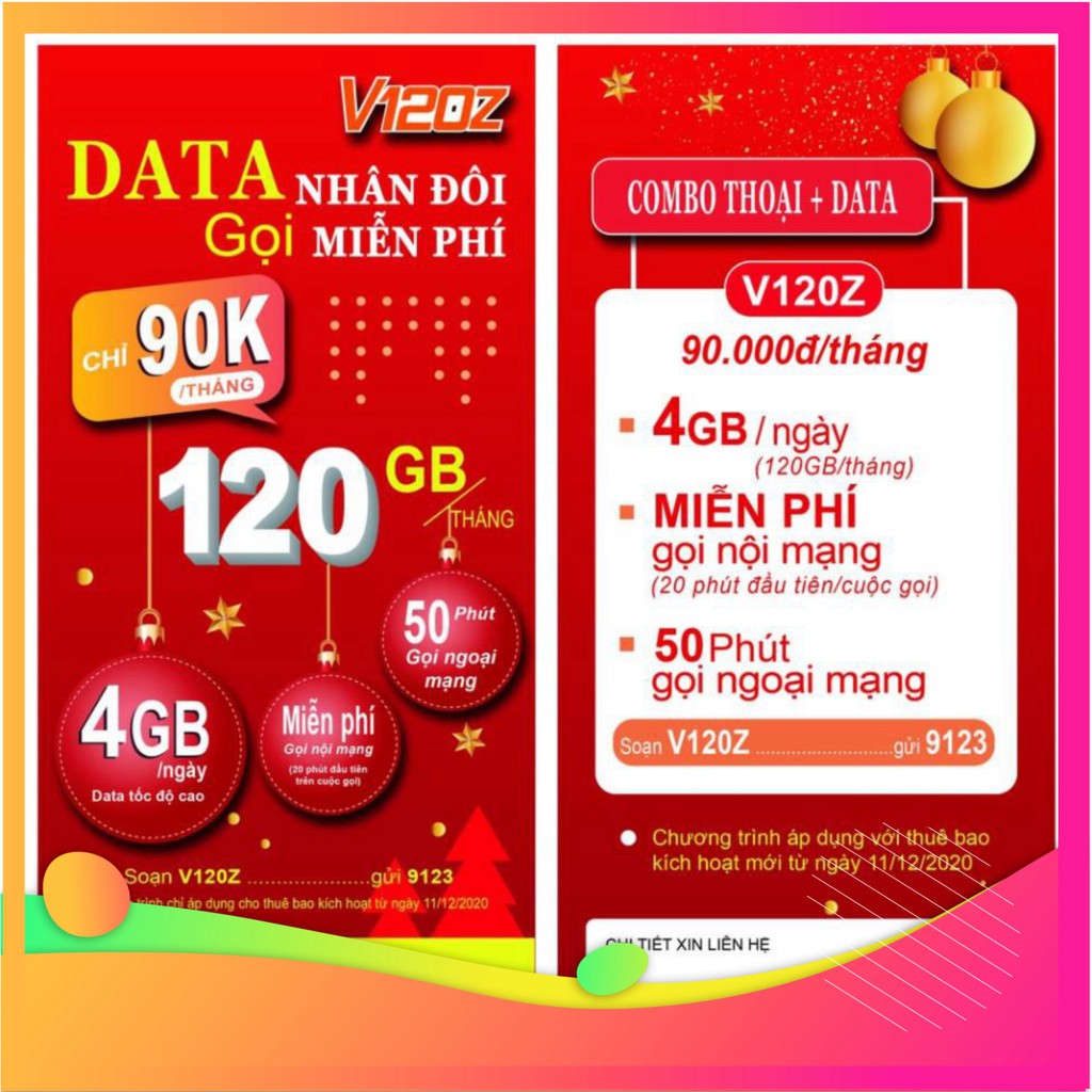 {FREE 30 NGÀY}Sim 4G Viettel gói V90 mới {V120Z} 120GB/Tháng {4GB/Ngày} miễn phí gọi nội mạng anhdao325