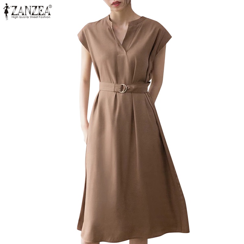 Đầm Dài Cổ V Tay Ngắn Kèm Thắt Lưng Thời Trang Cho Nữ ZANZEA
