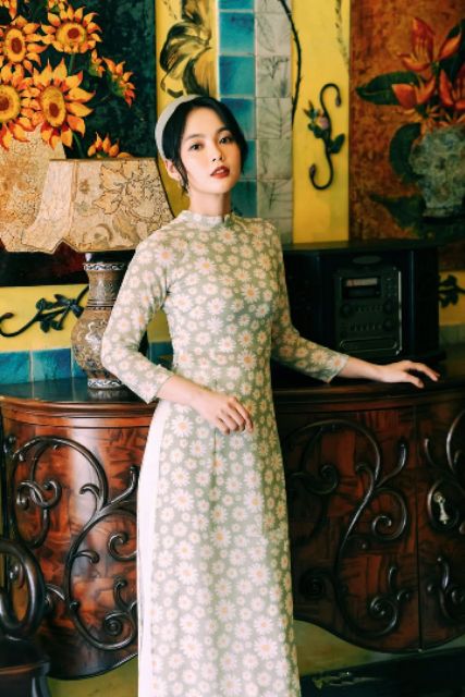 Áo dài hoa nhí 4 tà, 2 tà cúc to nhiều màu sang chảnh