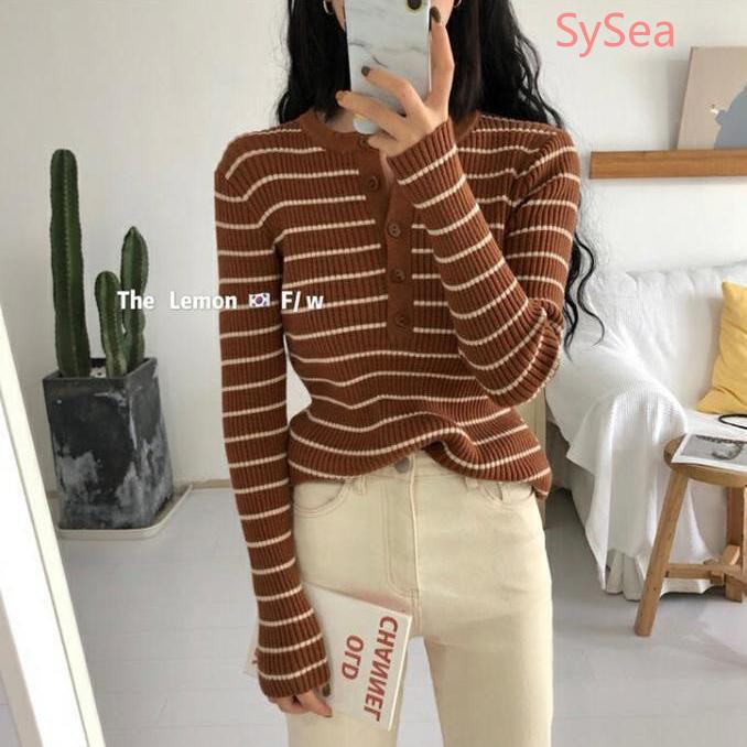 Áo Dệt Kim Tay Dài Hoạ Tiết Kẻ Sọc Thời Trang Mùa Thu
