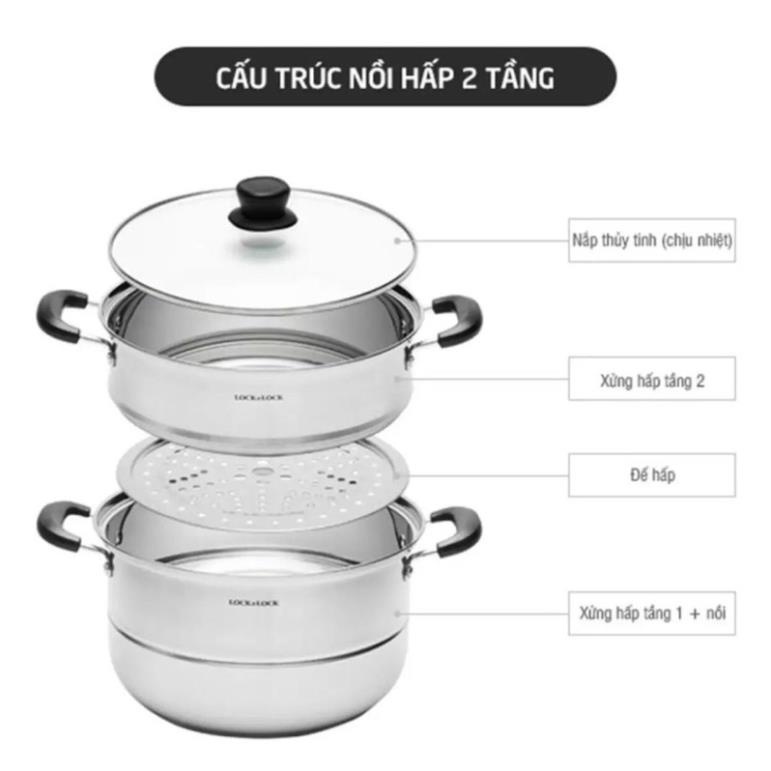 Bộ nồi xửng hấp inox 2 tầng Lock&amp;Lock 26cm đáy 3 lớp dùng được bếp từ- HÀNG CHÍNH HÃNG