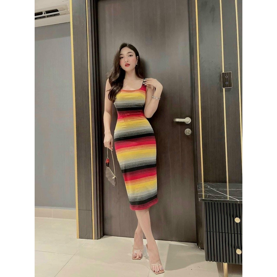 Đầm Body Ôm Dáng Ba Lỗ Họa Tiết Nhiều Màu Sọc Ngang Chất Thun Dẻo Freesize - Đầm Ôm Body Sexy Freesize