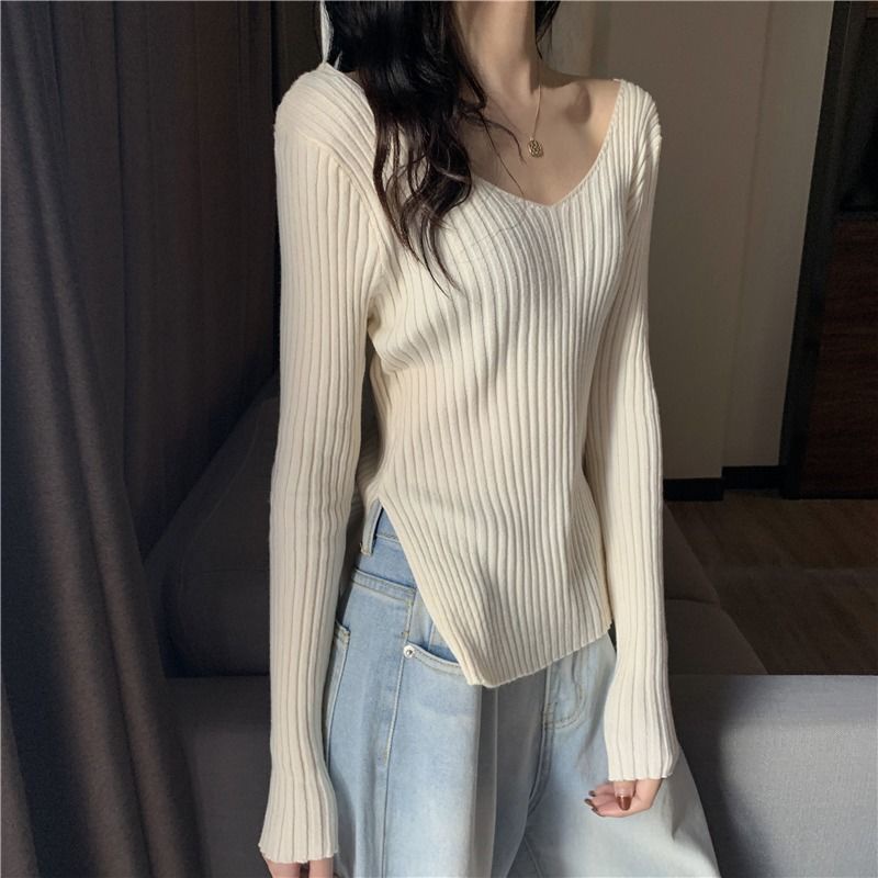 Áo Sweater Dệt Kim Tay Dài Thiết Kế Cổ Chữ v Thanh Lịch