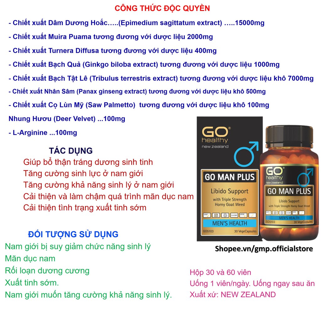 Viên uống Go Healthy Go Man Plus tăng cường sinh lý cải thiện tình trạng xuất tinh sớm rối loạn cương dương hộp 30 viên